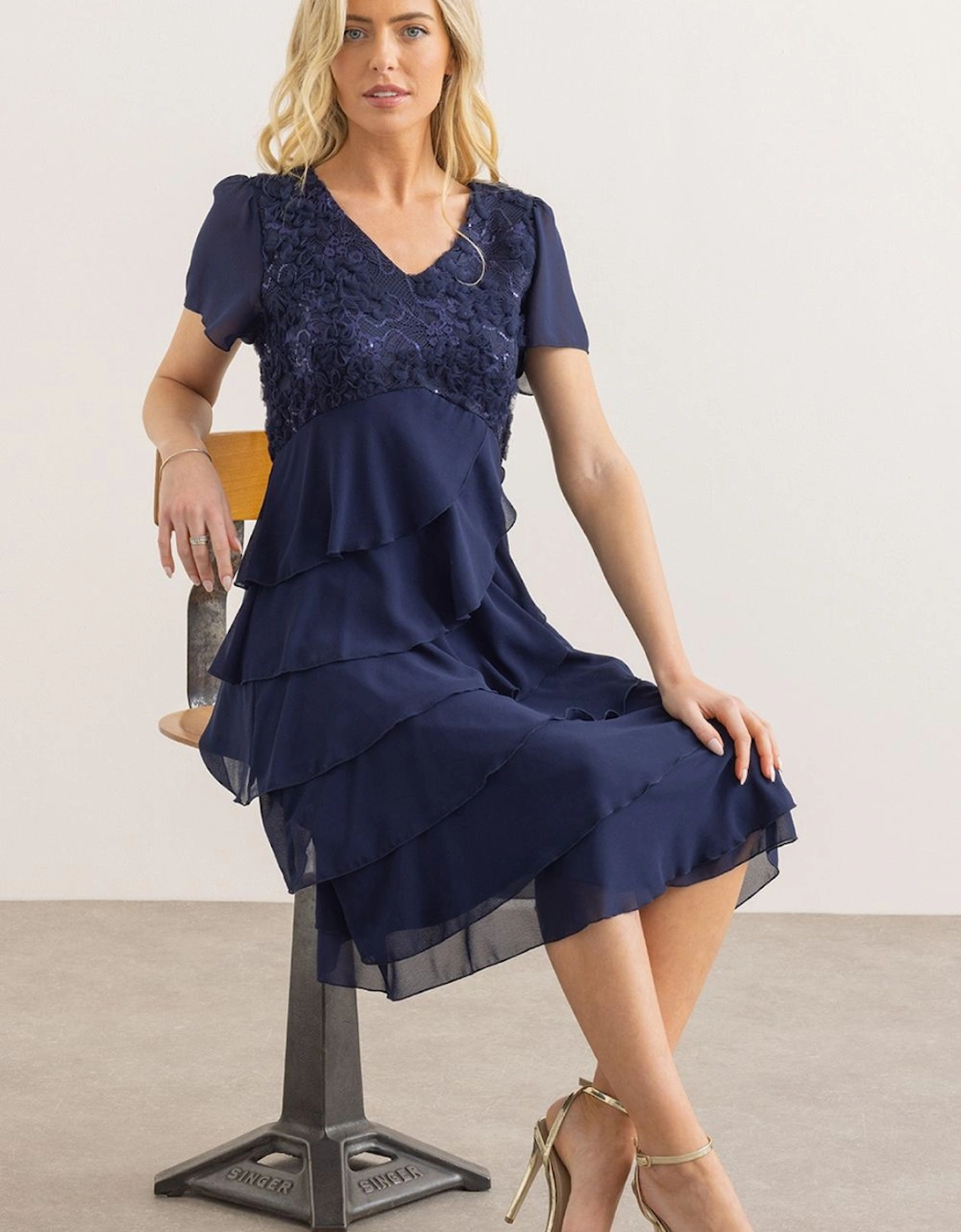 Embellished Tiered Short Sleeve Dress, 2 of 1