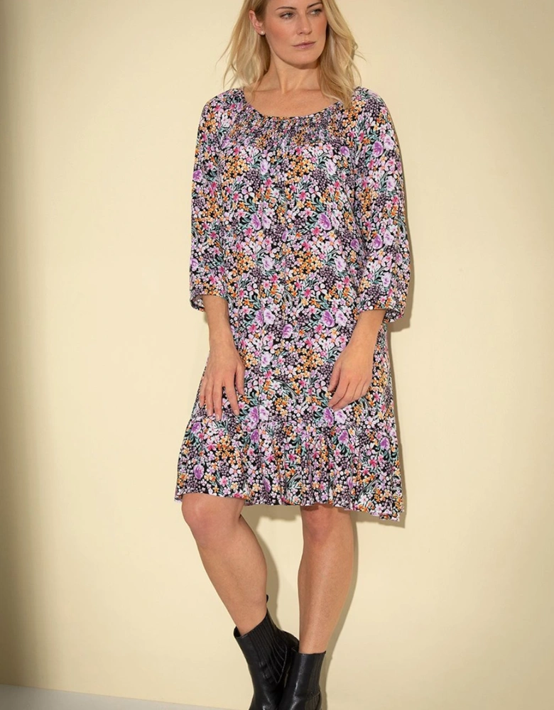 Garden Print Loose Fit Smocked Dress