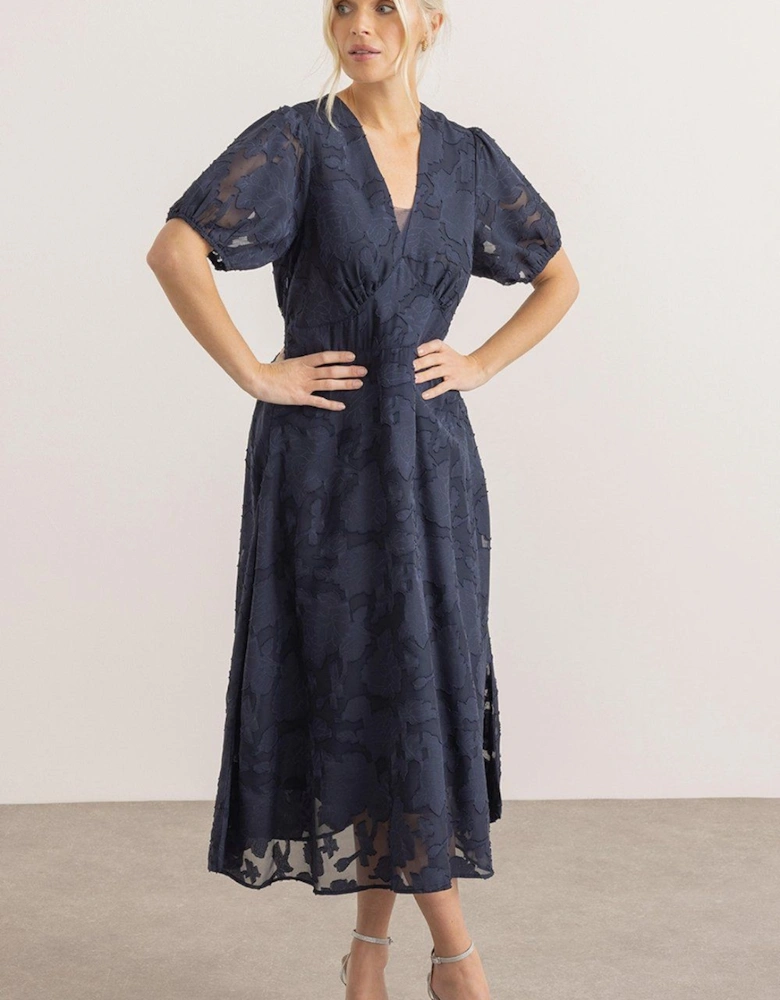 Floral Burnout V Neck Midi Dress