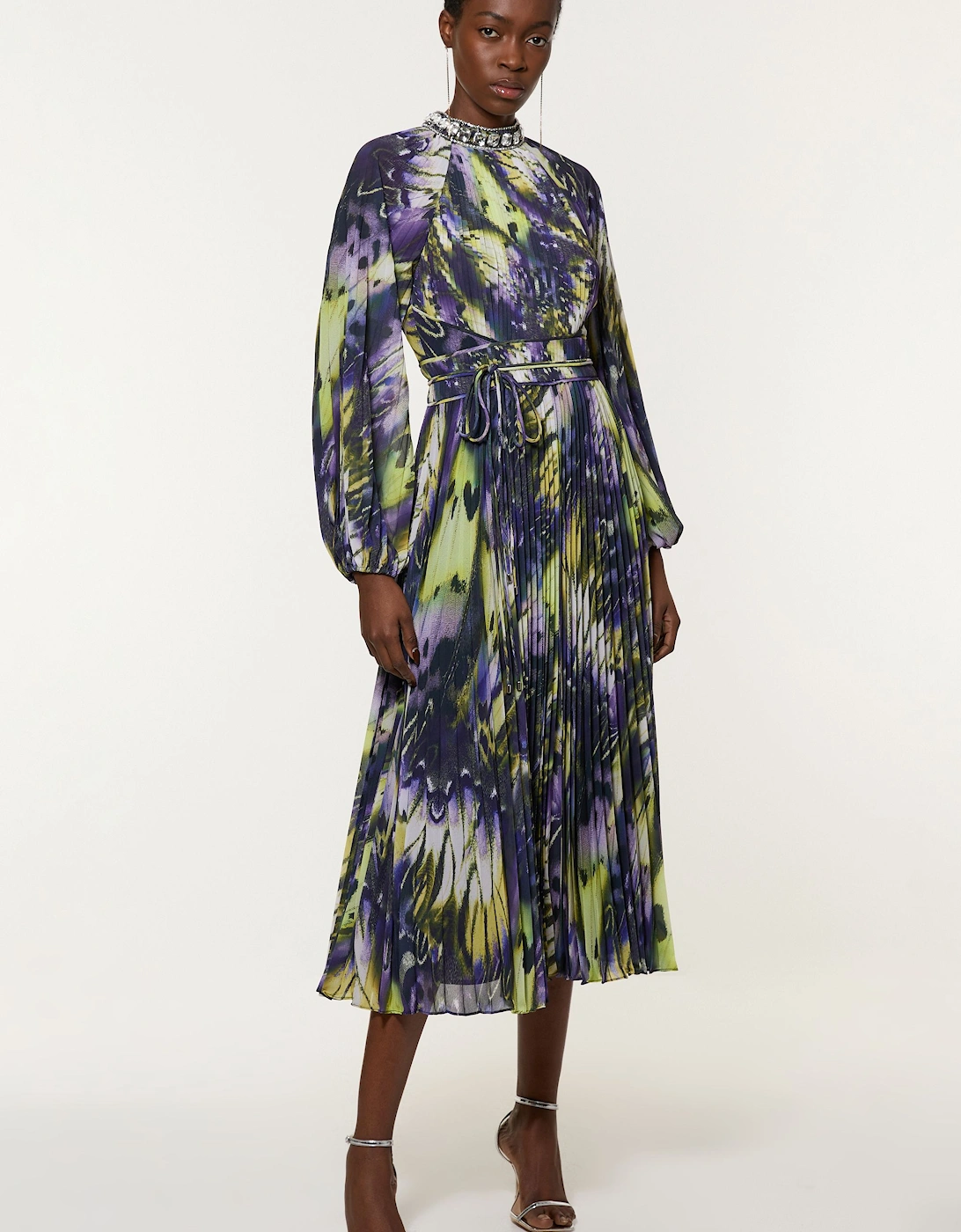 Crystal Embellished Crinkle Feather Printed Woven Maxi Dress, 2 of 1