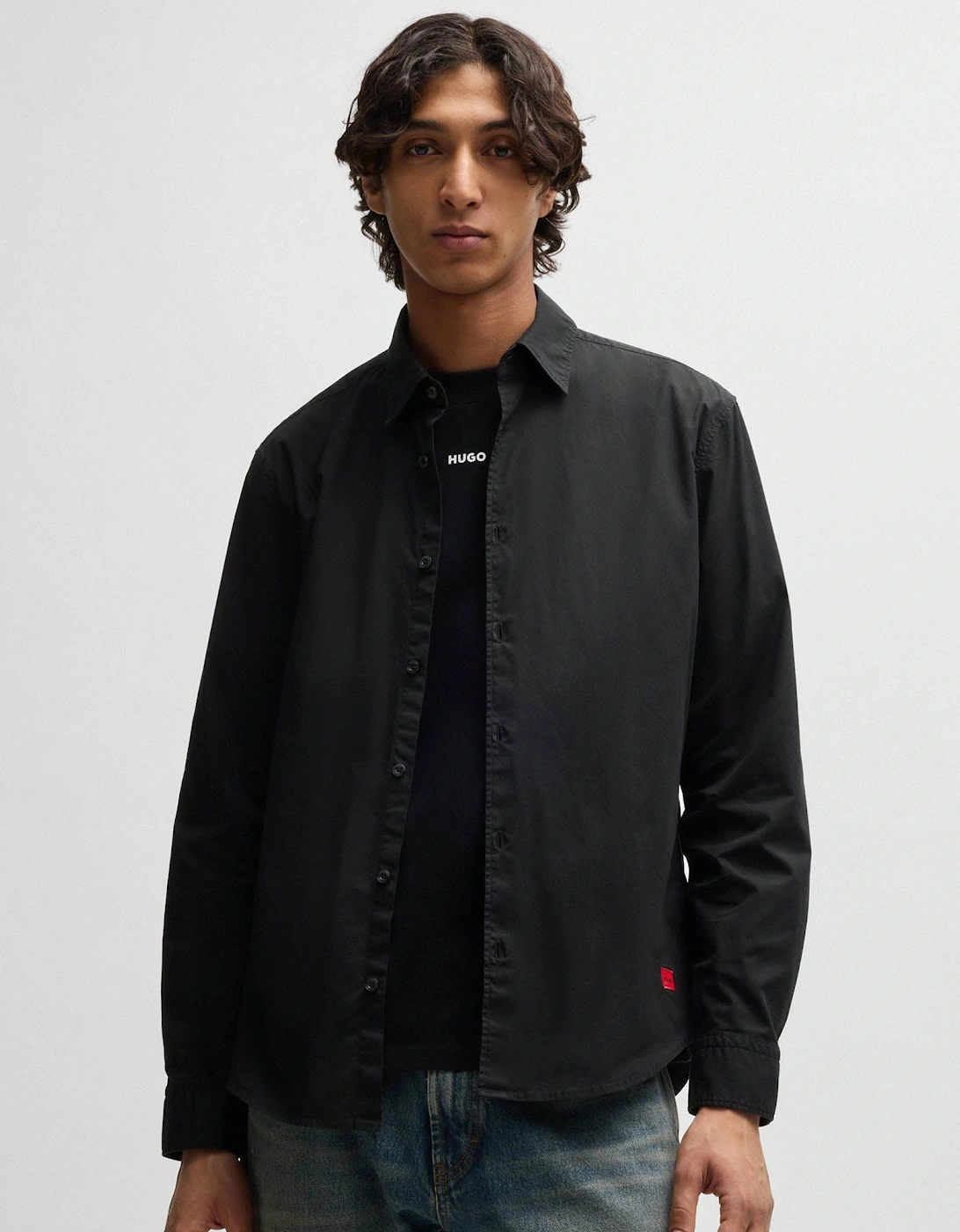 HUGO Ermo Mens Slim-Fit Shirt in Stretch-Cotton Canvas  - Black 001, 5 of 4