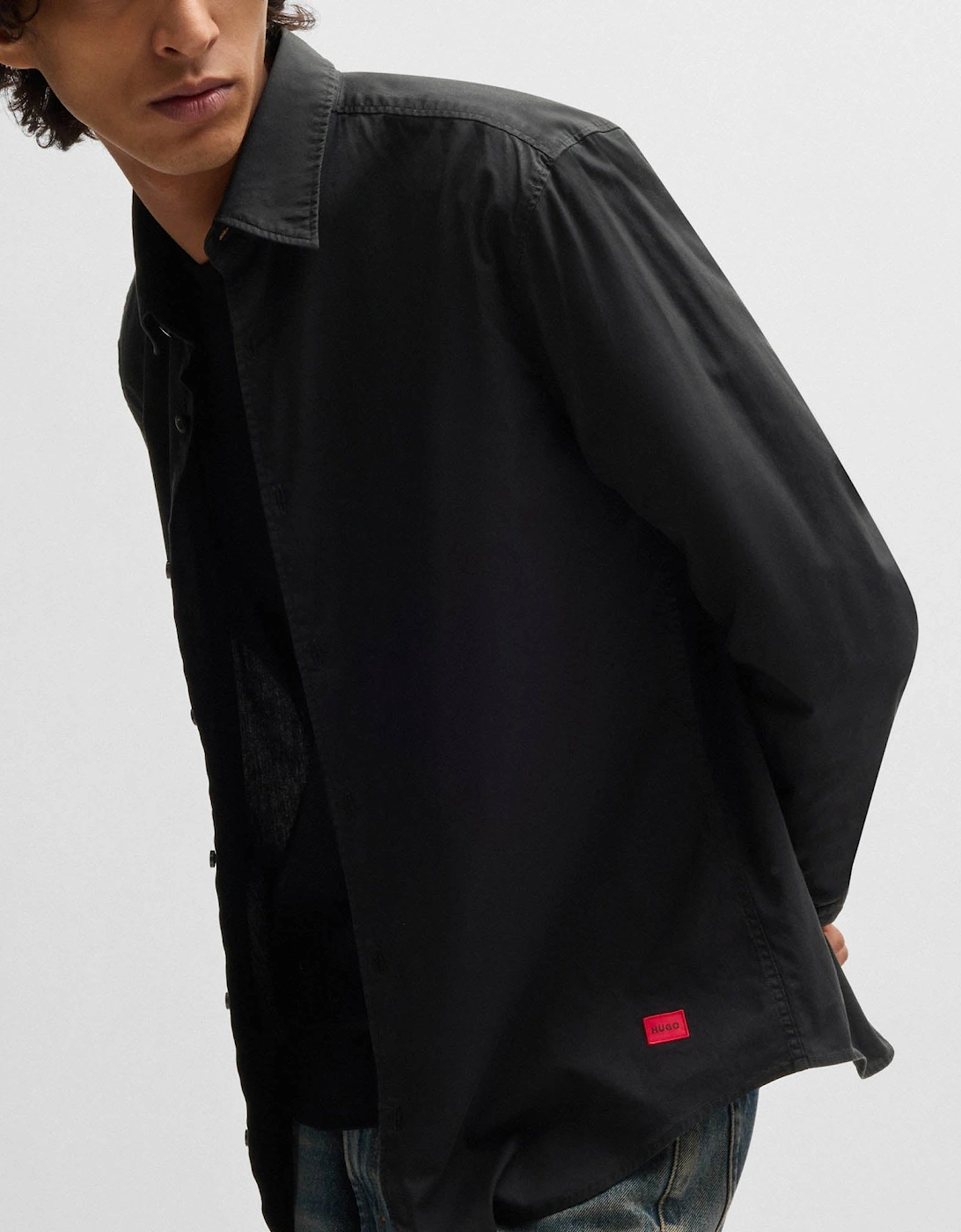 HUGO Ermo Mens Slim-Fit Shirt in Stretch-Cotton Canvas  - Black 001