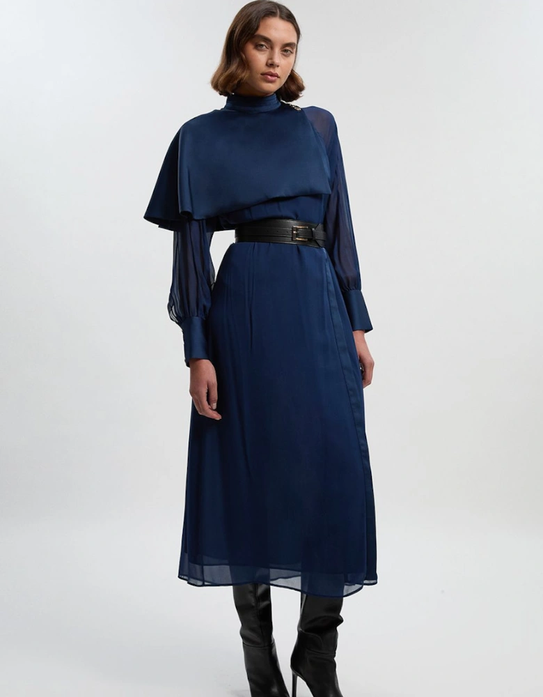 Military Sheer Cape Detail Woven Maxi Dress