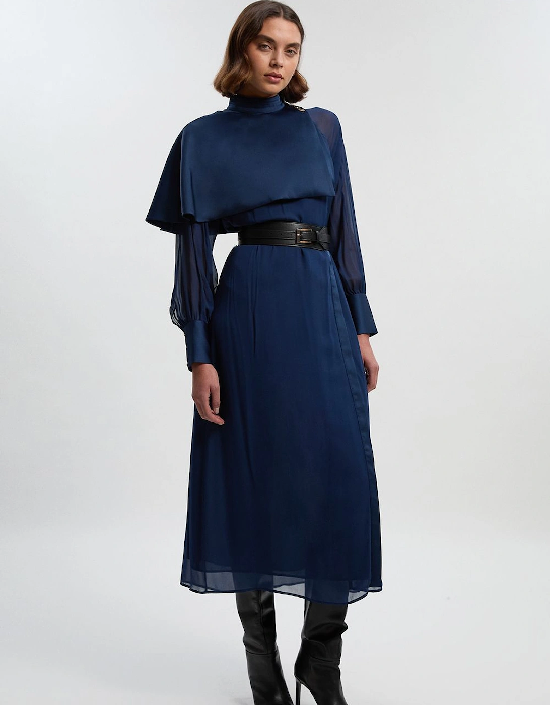 Military Sheer Cape Detail Woven Maxi Dress, 2 of 1