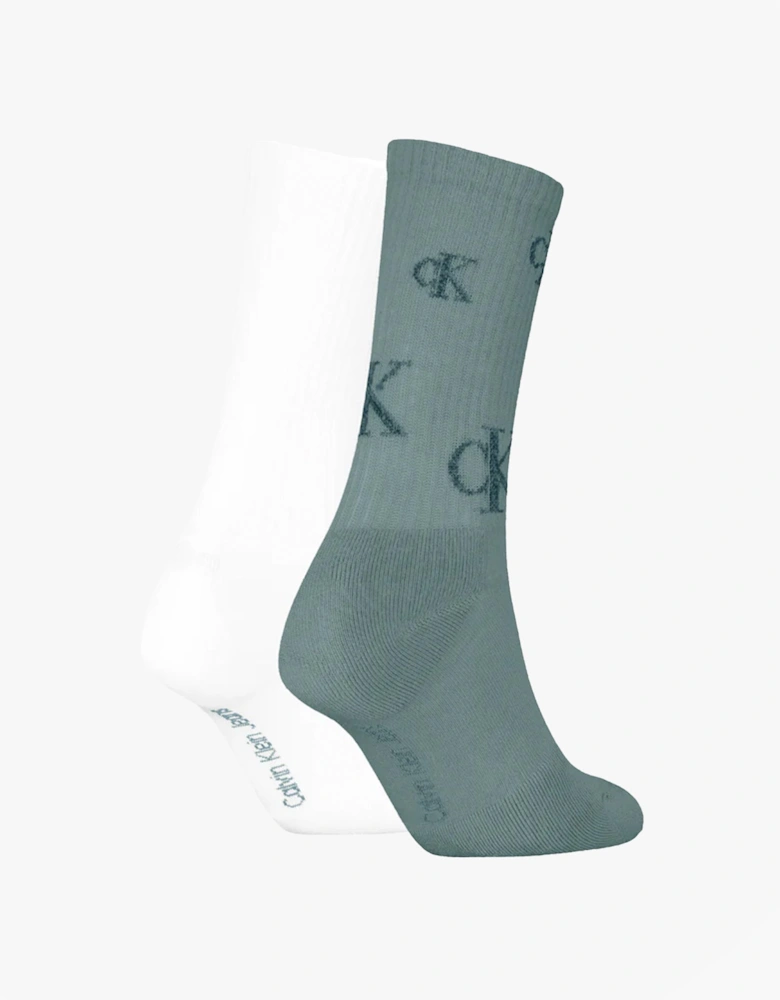 2 Pack Logo Trainer Womens Crew Socks Green/White