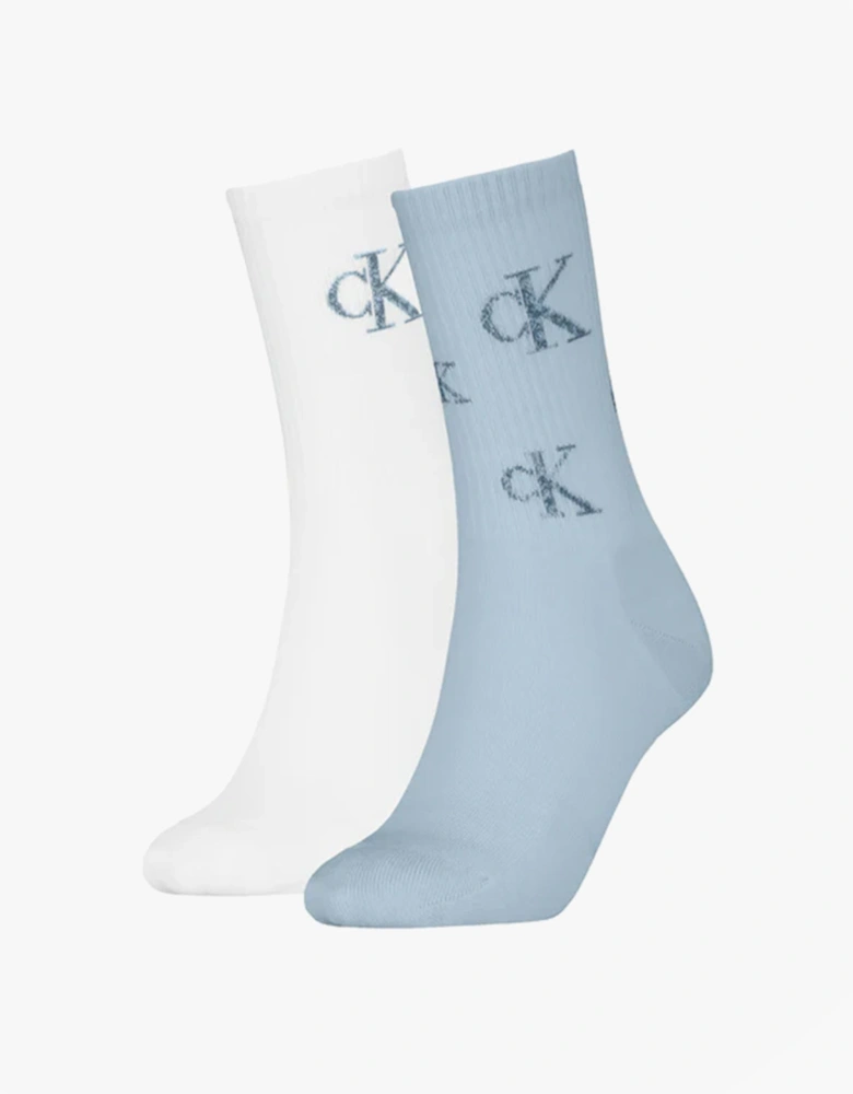 2 Pack Logo Trainer Womens Crew Socks Blue/White