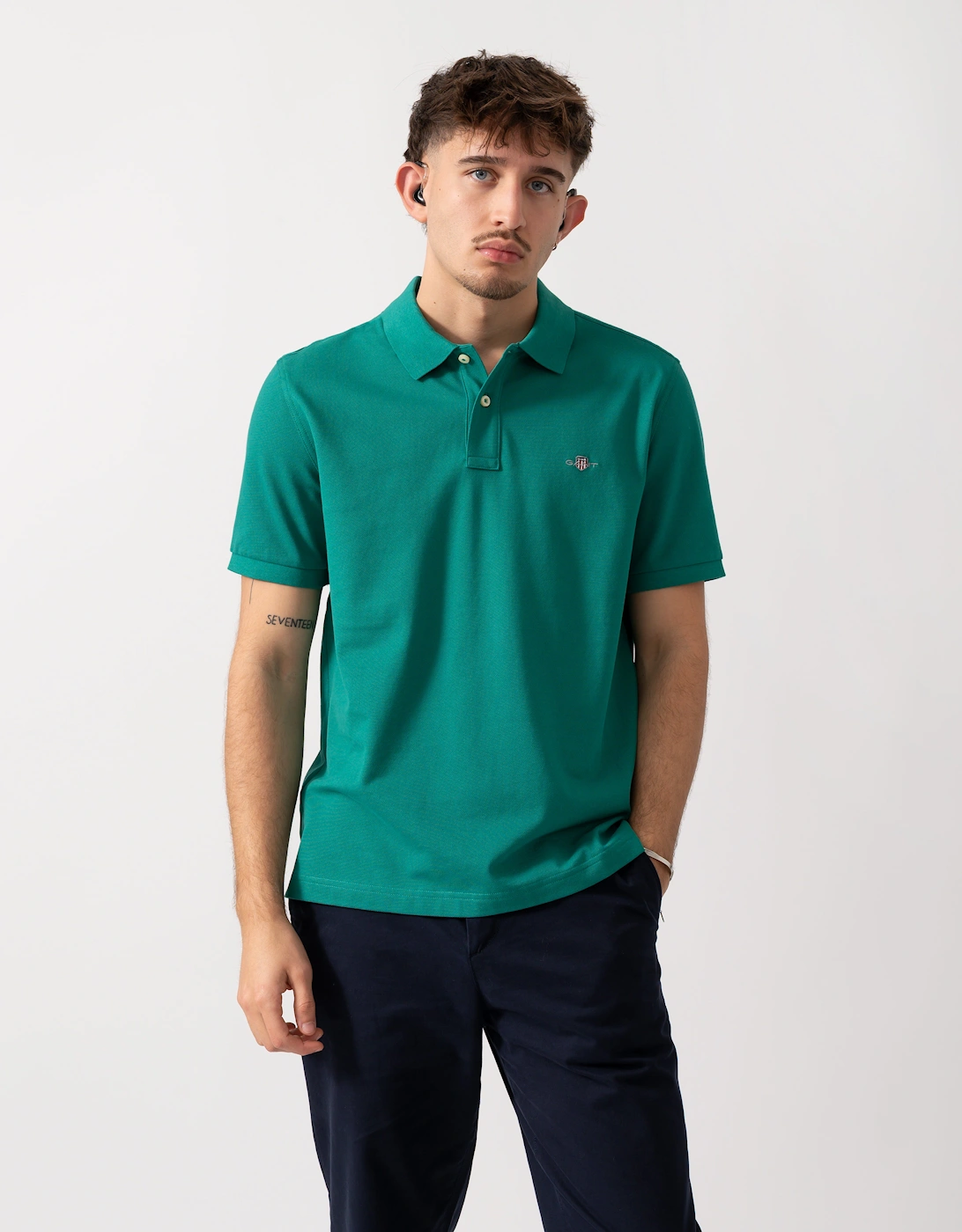 Gant Men's Green Regular Fit Short Sleeve Shield Logo Pique Polo - 376 Botanical Hue - Size: 38
