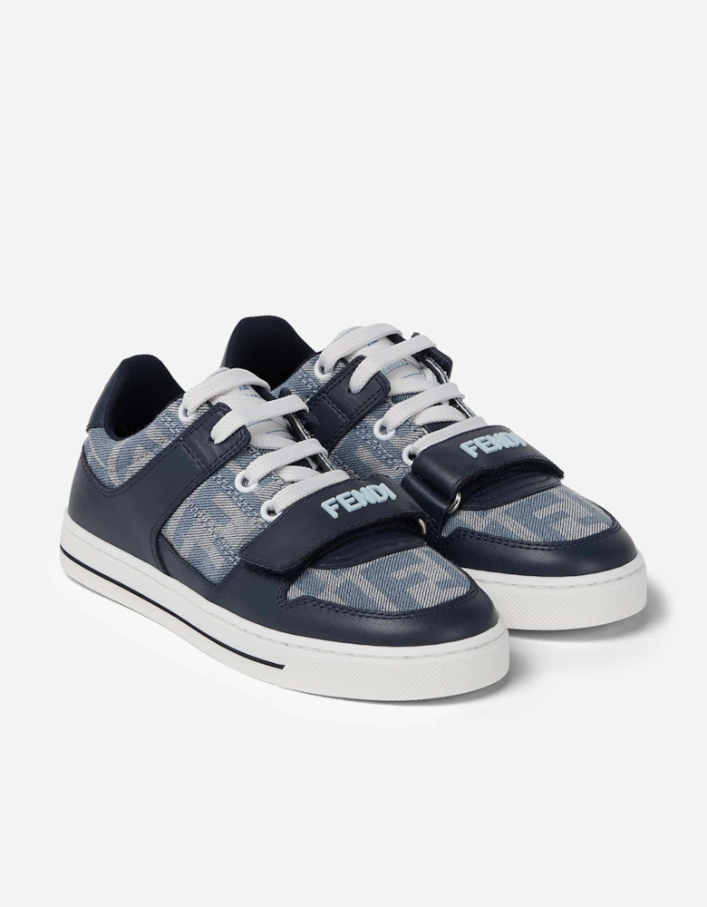 Boys Leather and Denim Jacquard FF Trainers in Navy