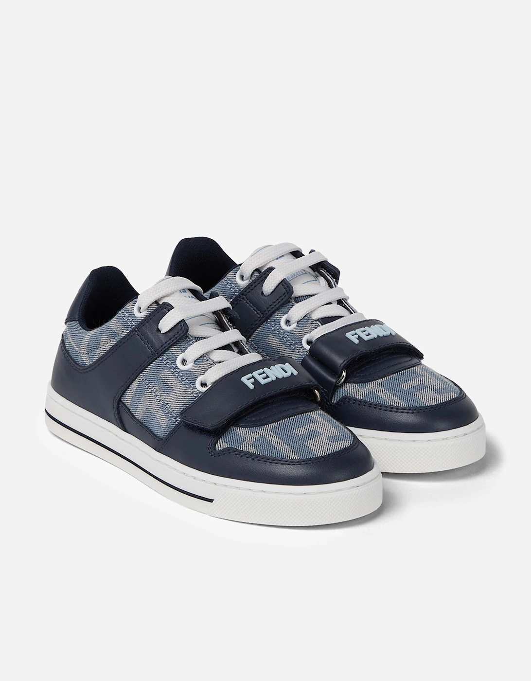 Boys Leather and Denim Jacquard FF Trainers in Navy