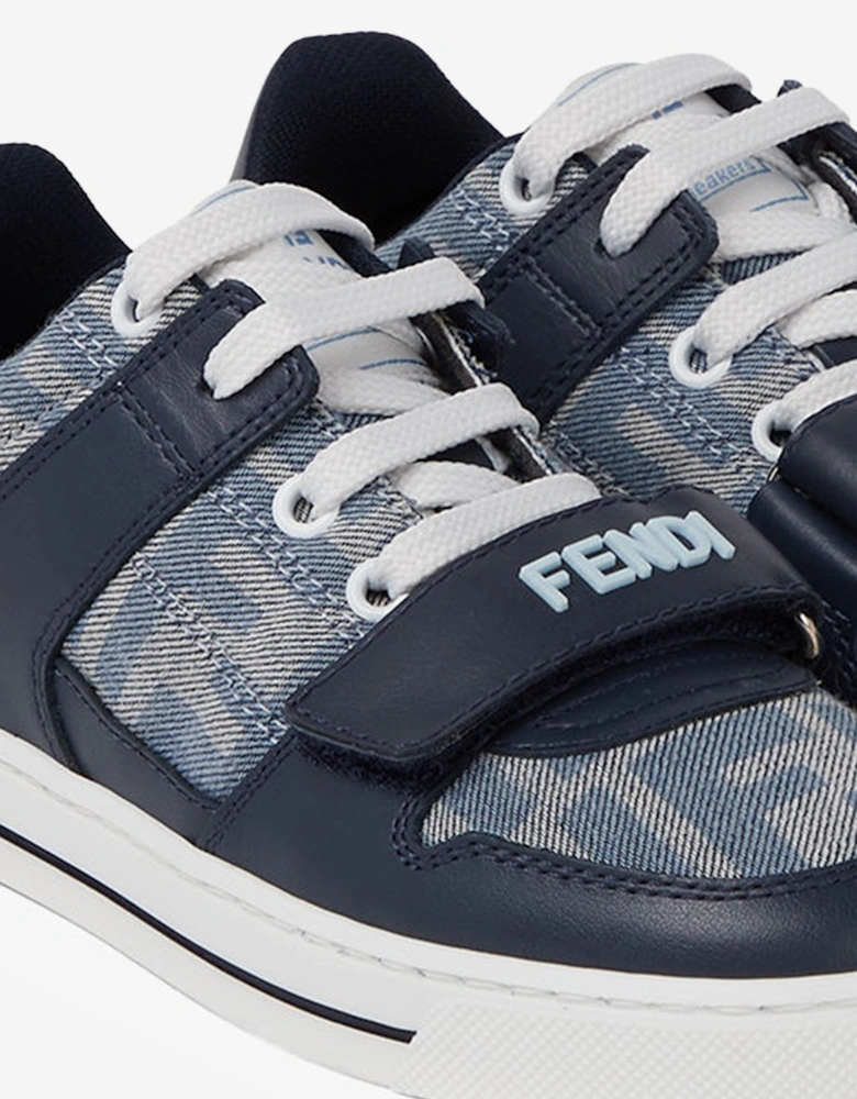 Boys Leather and Denim Jacquard FF Trainers in Navy