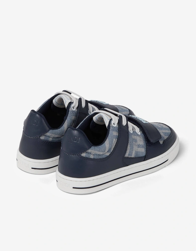 Boys Leather and Denim Jacquard FF Trainers in Navy