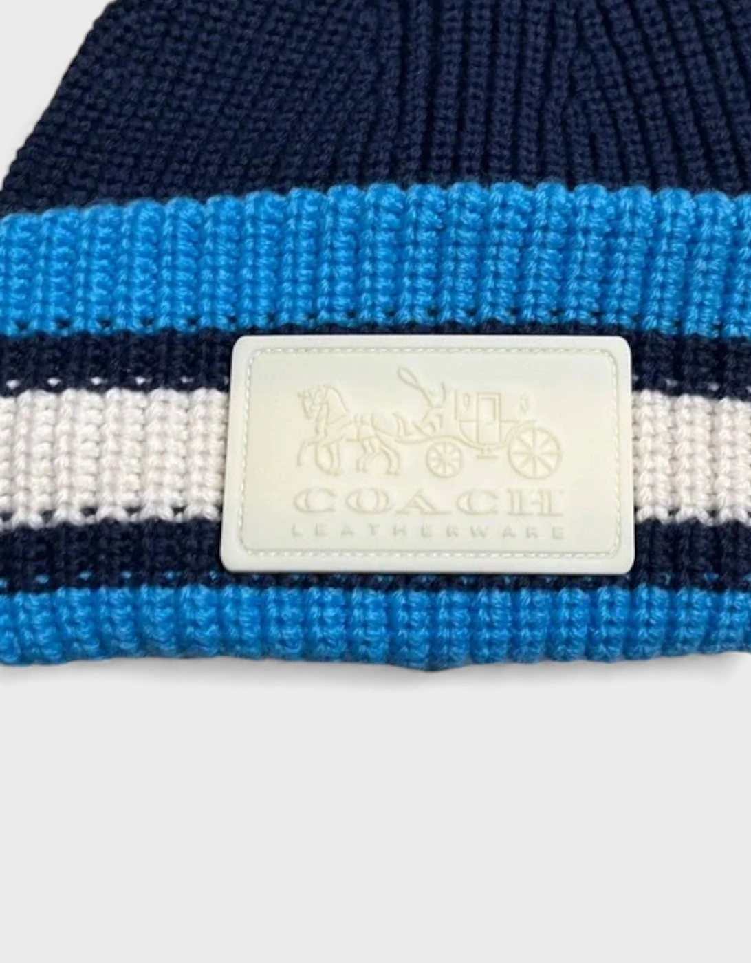 Ribbed Knit Varsity Stripe Patch Beanie Navy Blue