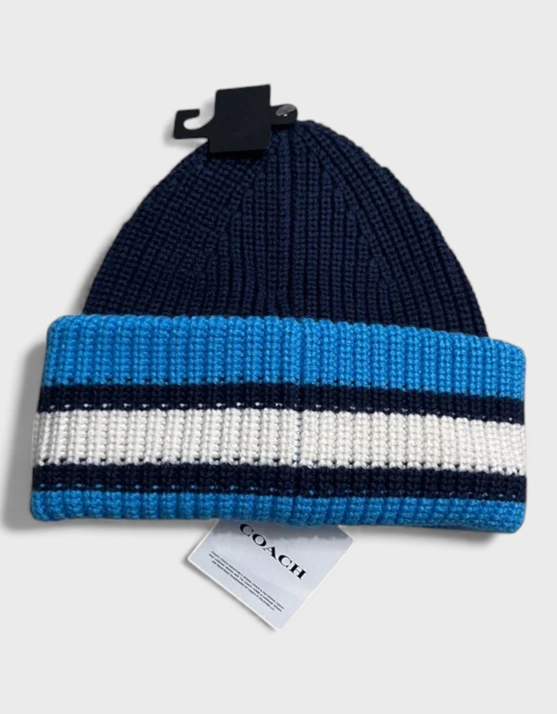 Ribbed Knit Varsity Stripe Patch Beanie Navy Blue