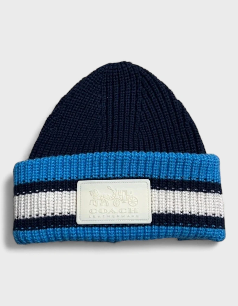 Ribbed Knit Varsity Stripe Patch Beanie Navy Blue