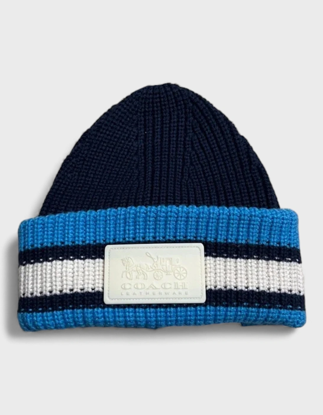 Coach Women's Navy Ribbed Knit Varsity Stripe Patch Beanie Blue - Size: O/S