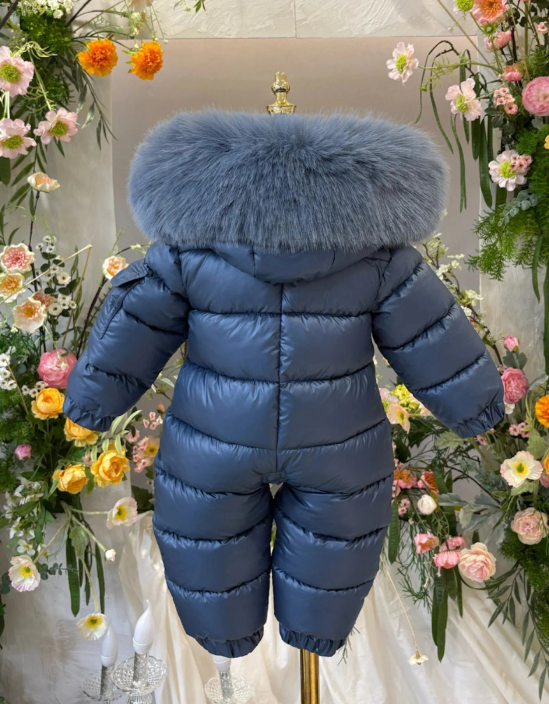 Boys Navy Blue Faux Fur Puffer Snowsuit