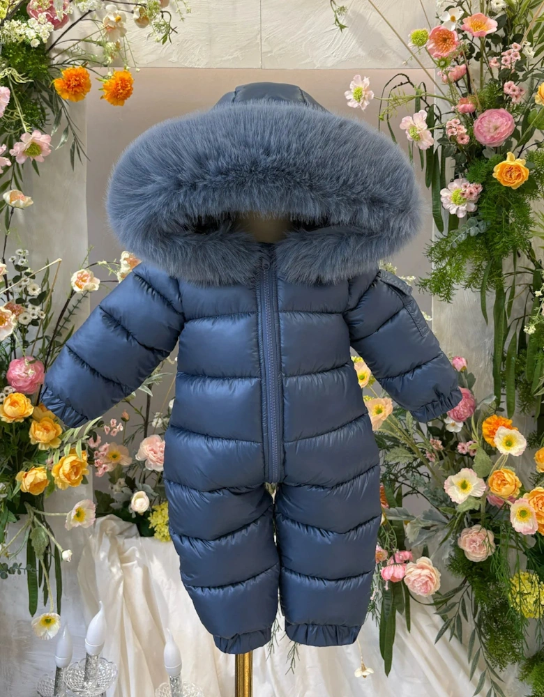 Boys Navy Blue Faux Fur Puffer Snowsuit