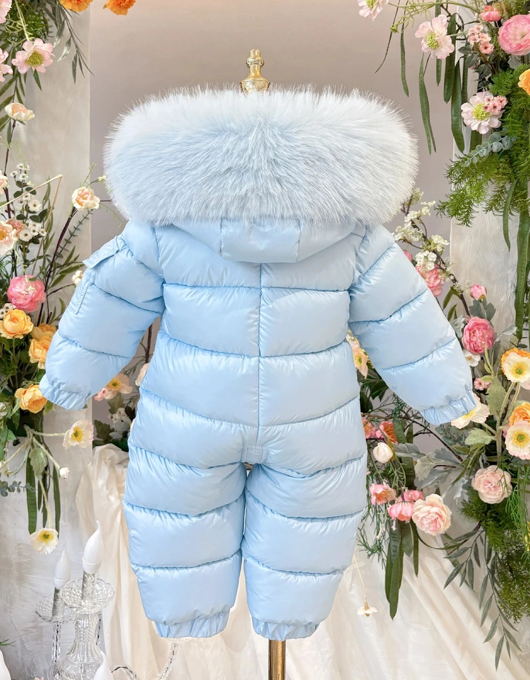 Boys Baby Blue Faux Fur Puffer Snowsuit