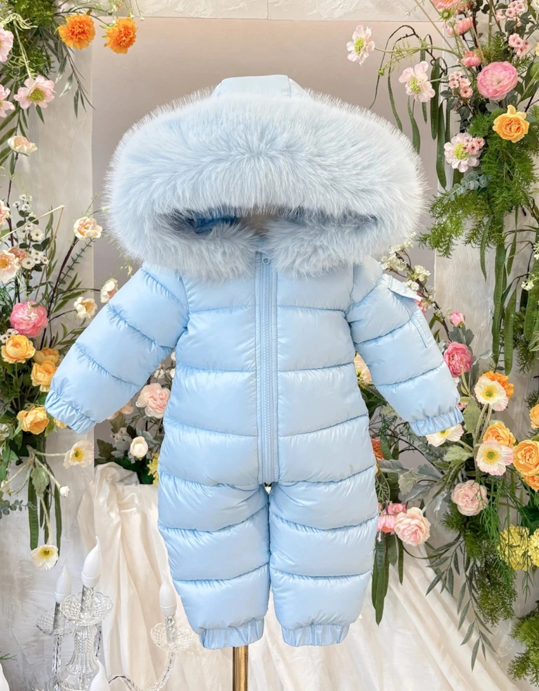 Boys Baby Blue Faux Fur Puffer Snowsuit