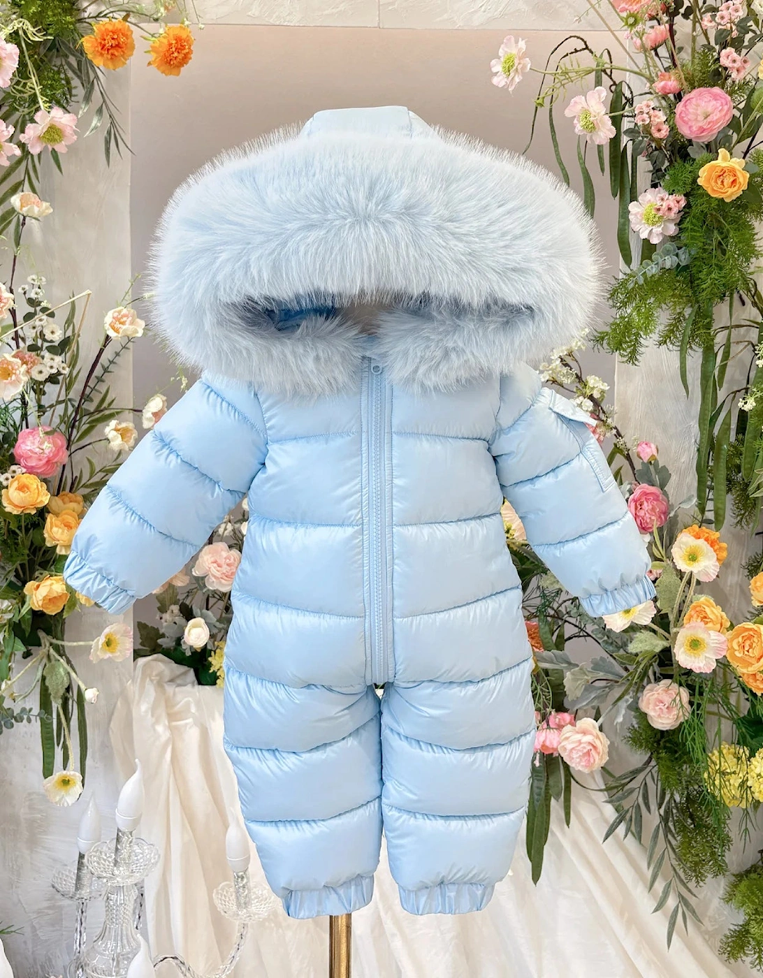 Boys Baby Blue Faux Fur Puffer Snowsuit, 3 of 2