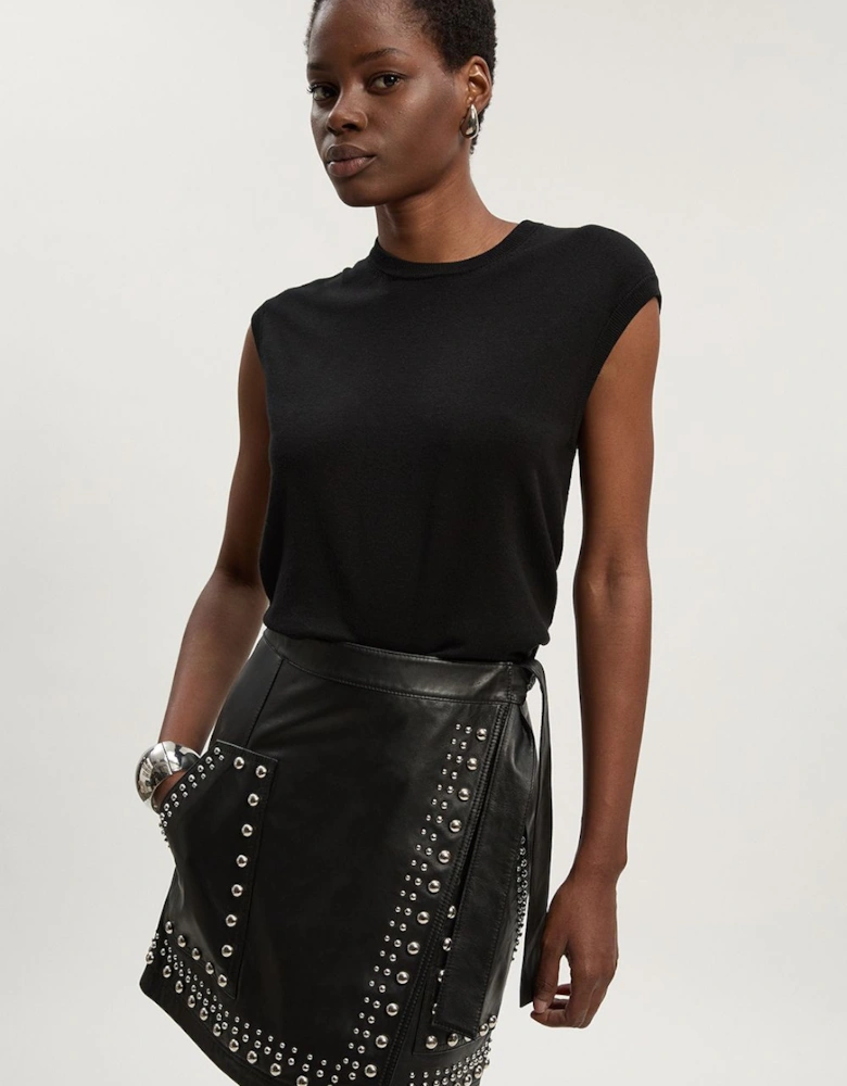Studded Leather Wrap Mini Skirt