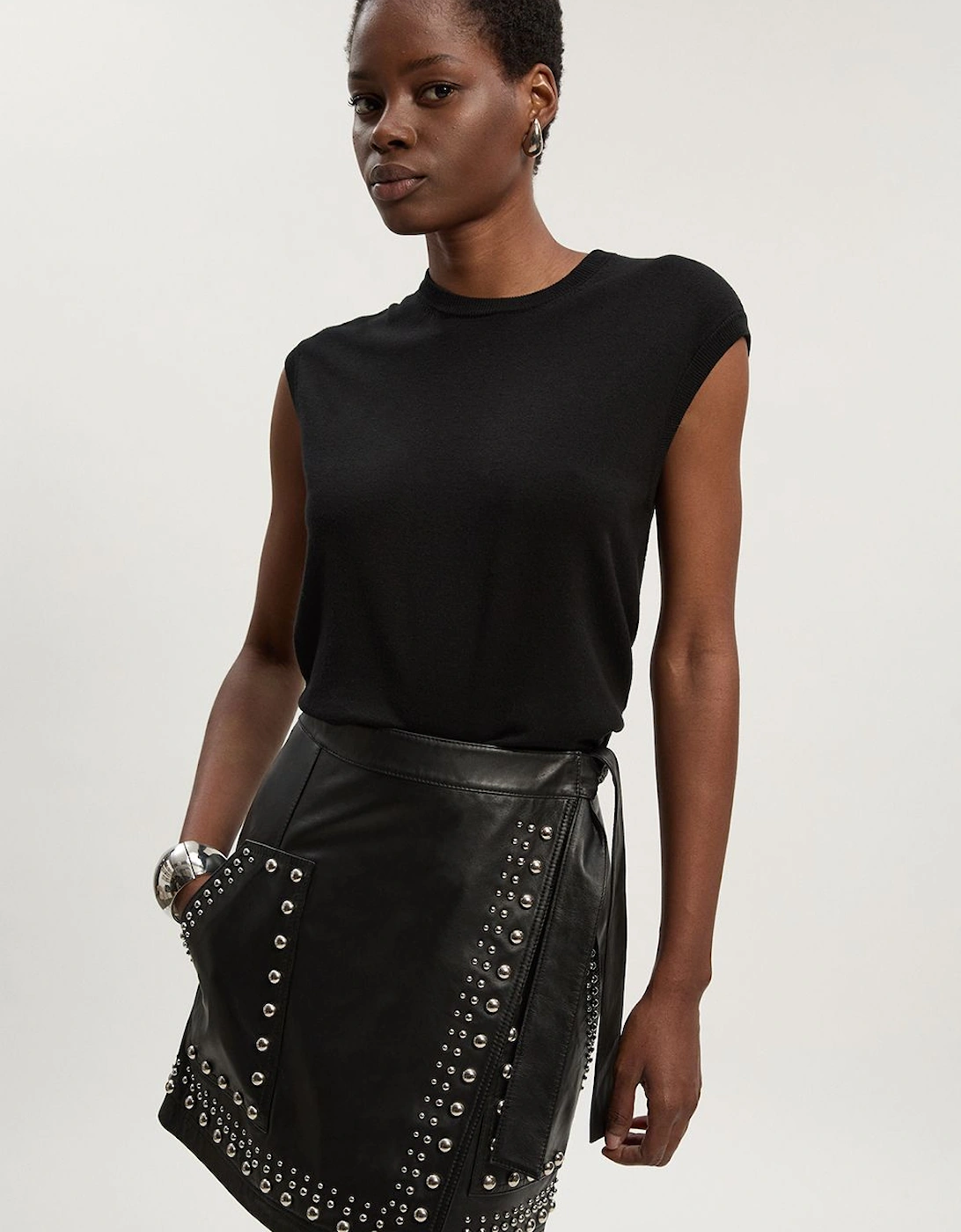 Studded Leather Wrap Mini Skirt, 2 of 1