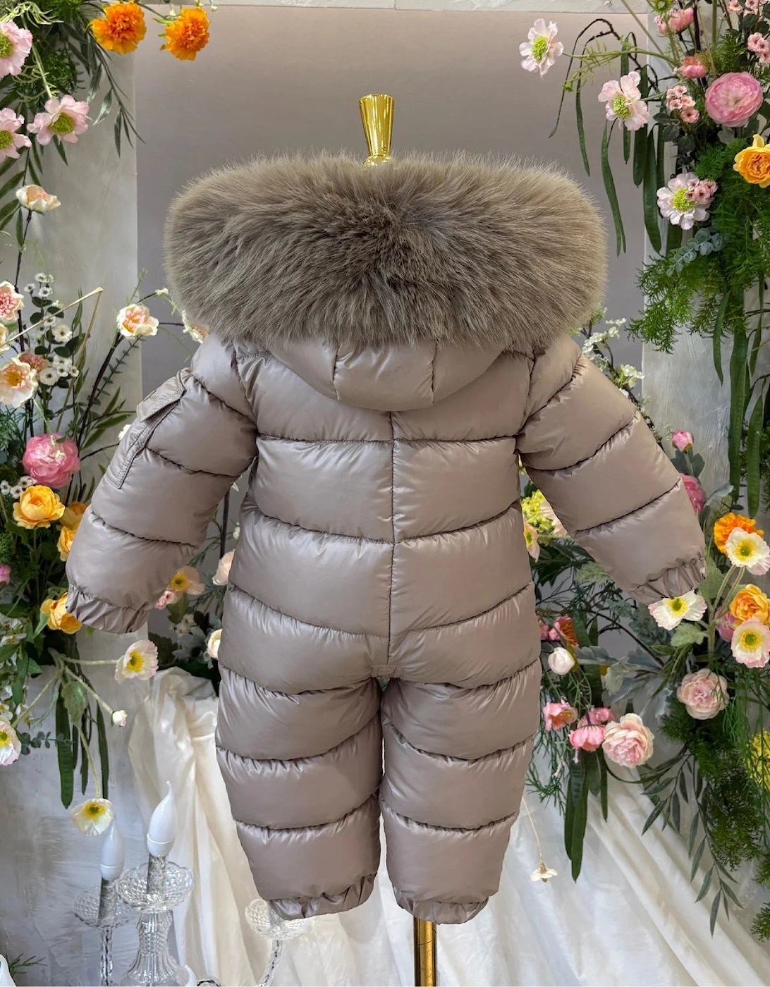 Irish Cream Faux Fur Puffer Snowsuit