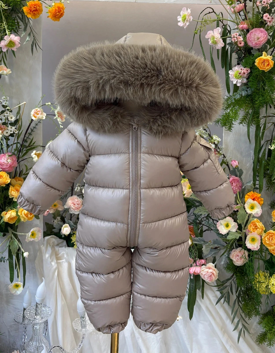 Irish Cream Faux Fur Puffer Snowsuit, 3 of 2