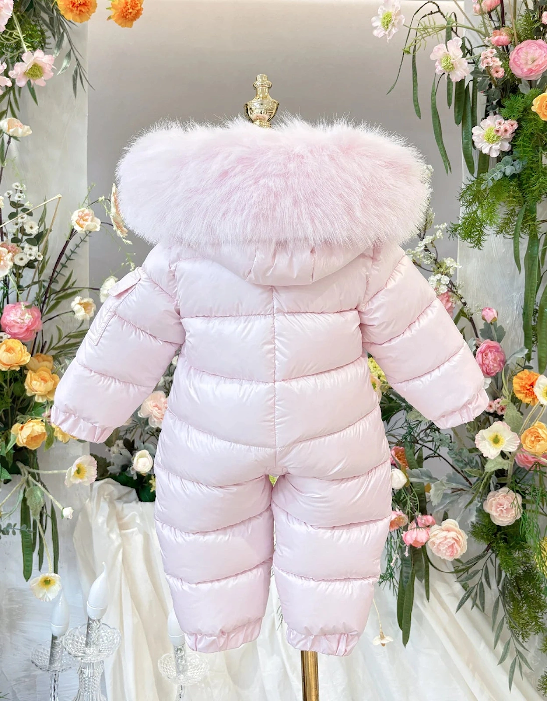 Girls Pink Faux Fur Puffer Snowsuit