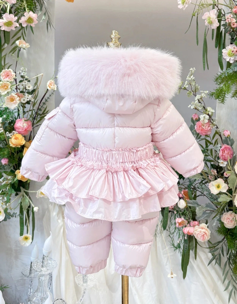 Girls Pink Faux Fur Puffer Snowsuit