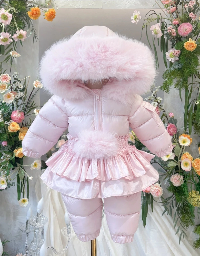 Girls Pink Faux Fur Puffer Snowsuit