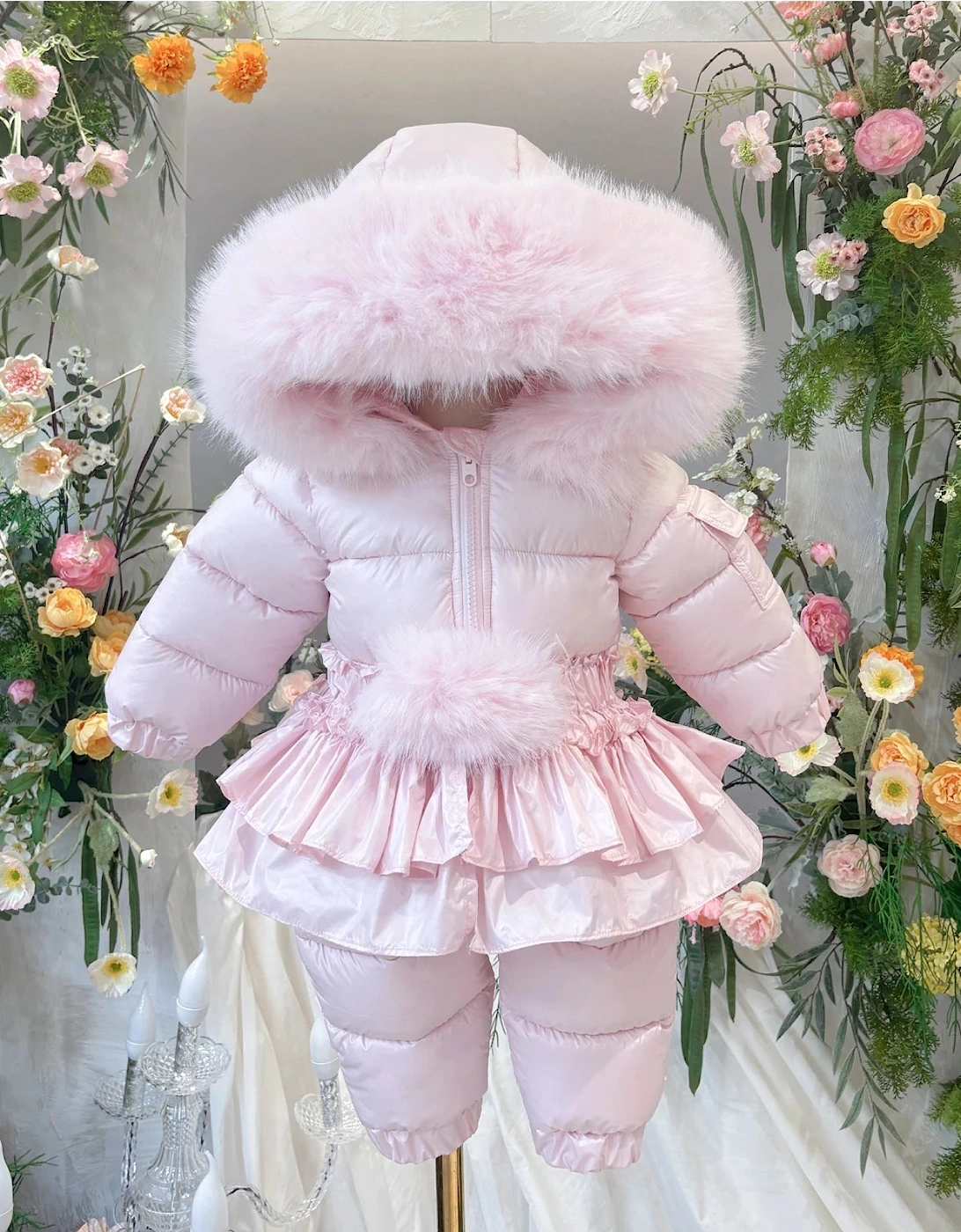 Girls Pink Faux Fur Puffer Snowsuit, 5 of 4