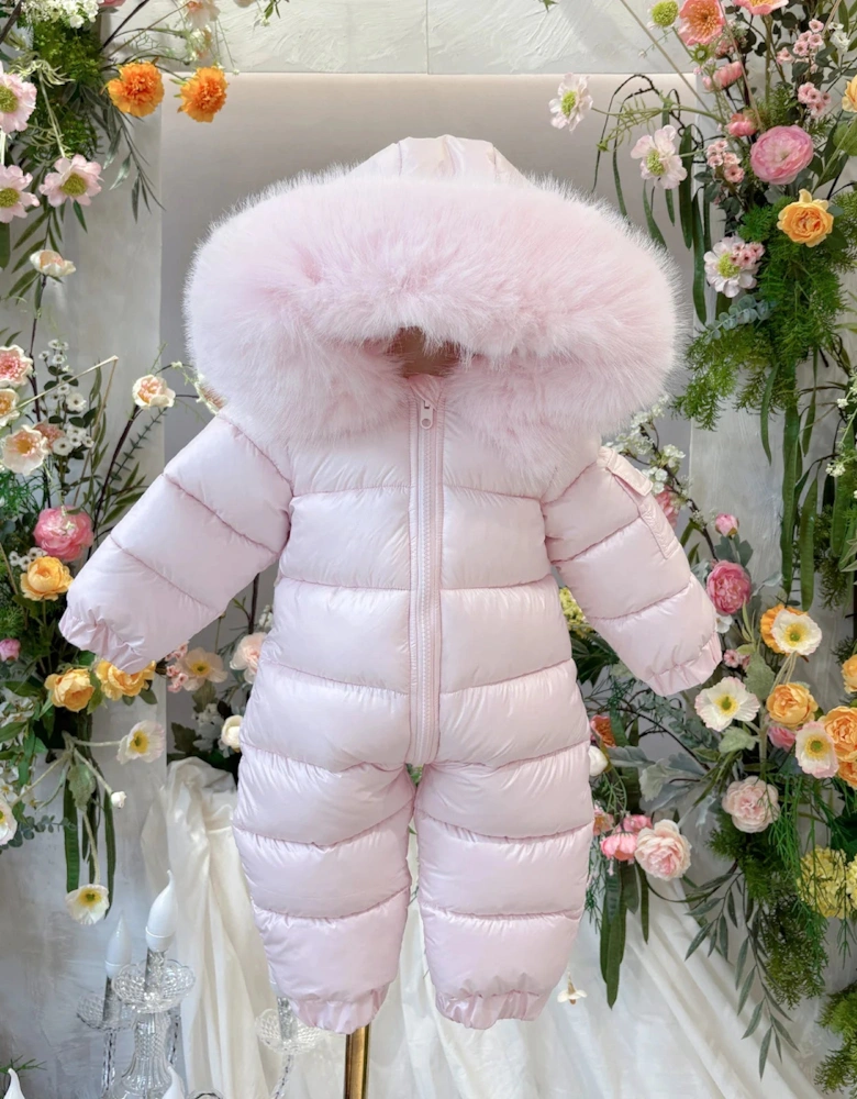 Girls Pink Faux Fur Puffer Snowsuit