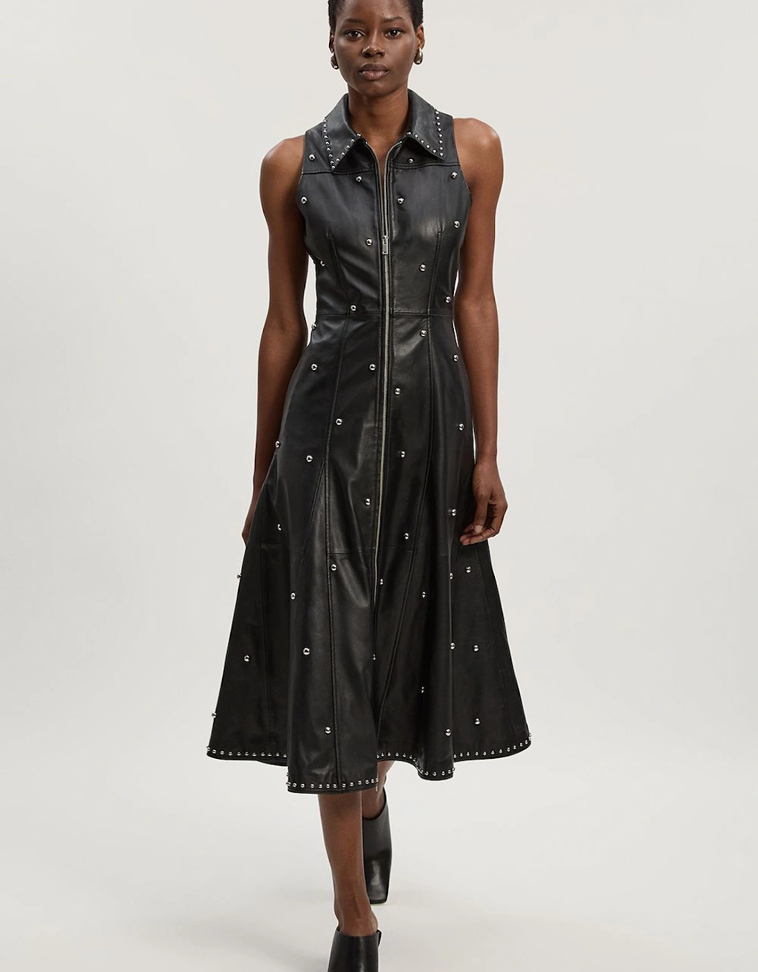 Studded Leather Zip through Full Midi Dress, 2 of 1