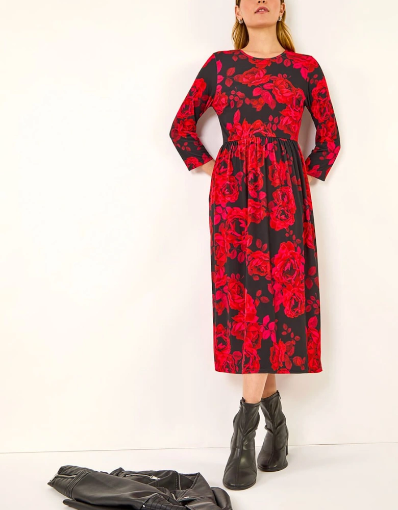 Rose Print Gathered Stretch Midi Dress