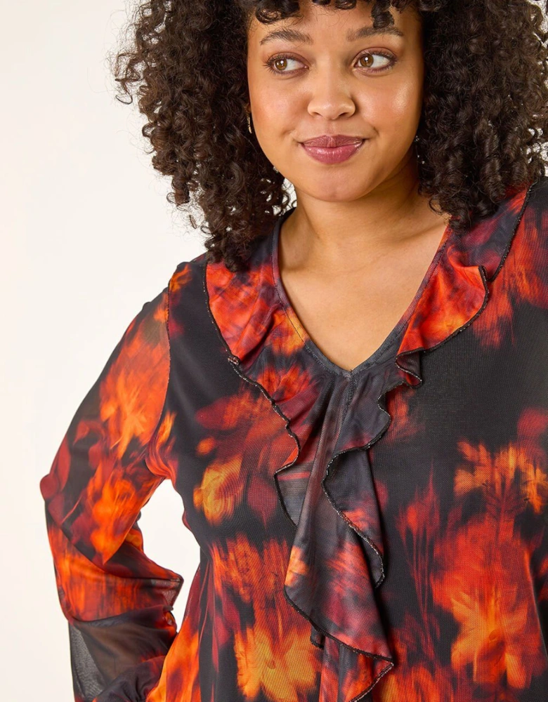 Curve Ruffle Mesh Tunic Top