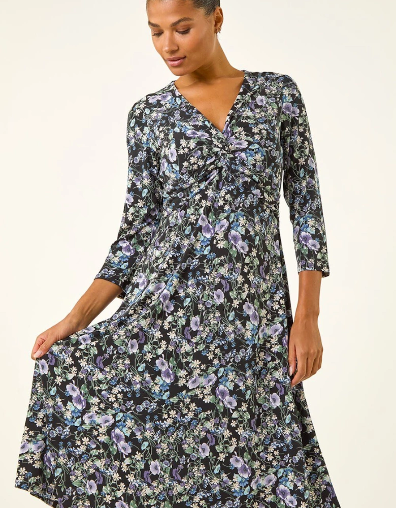Floral Twisted Front Stretch Midi Dress