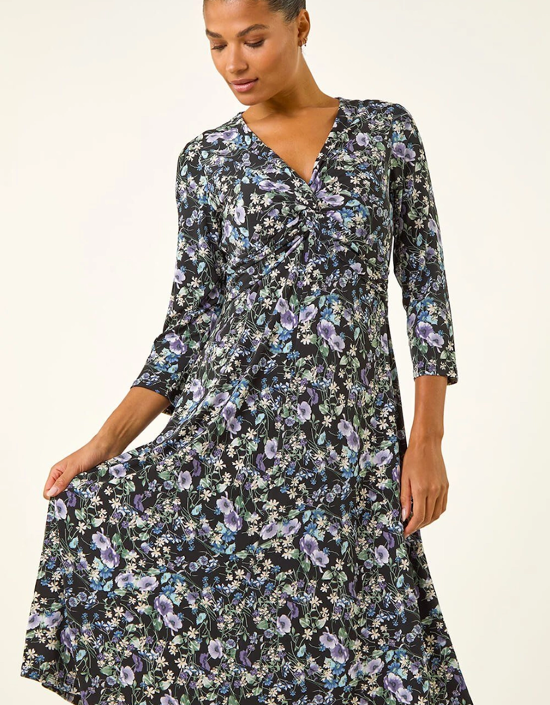 Floral Twisted Front Stretch Midi Dress, 2 of 1