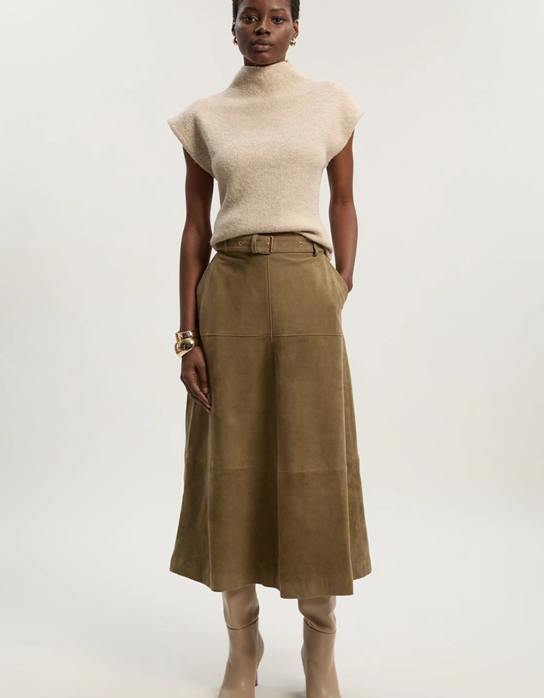 Suede Utility Belted Full Midi Skirt