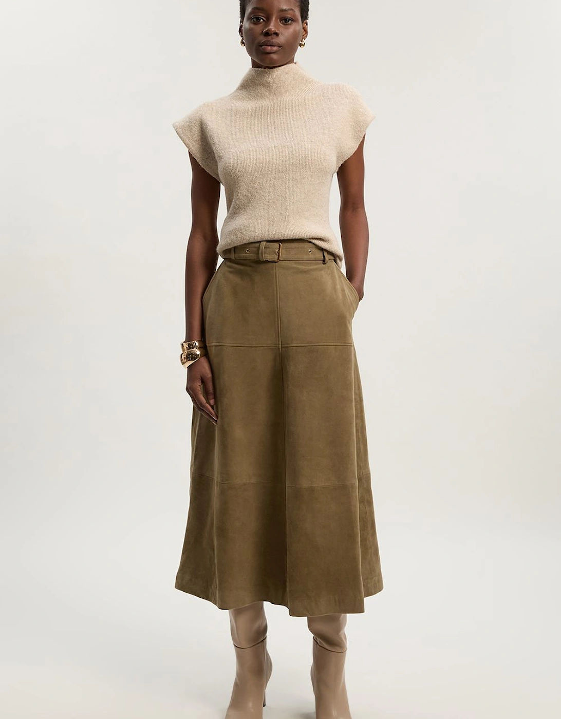 Suede Utility Belted Full Midi Skirt, 2 of 1