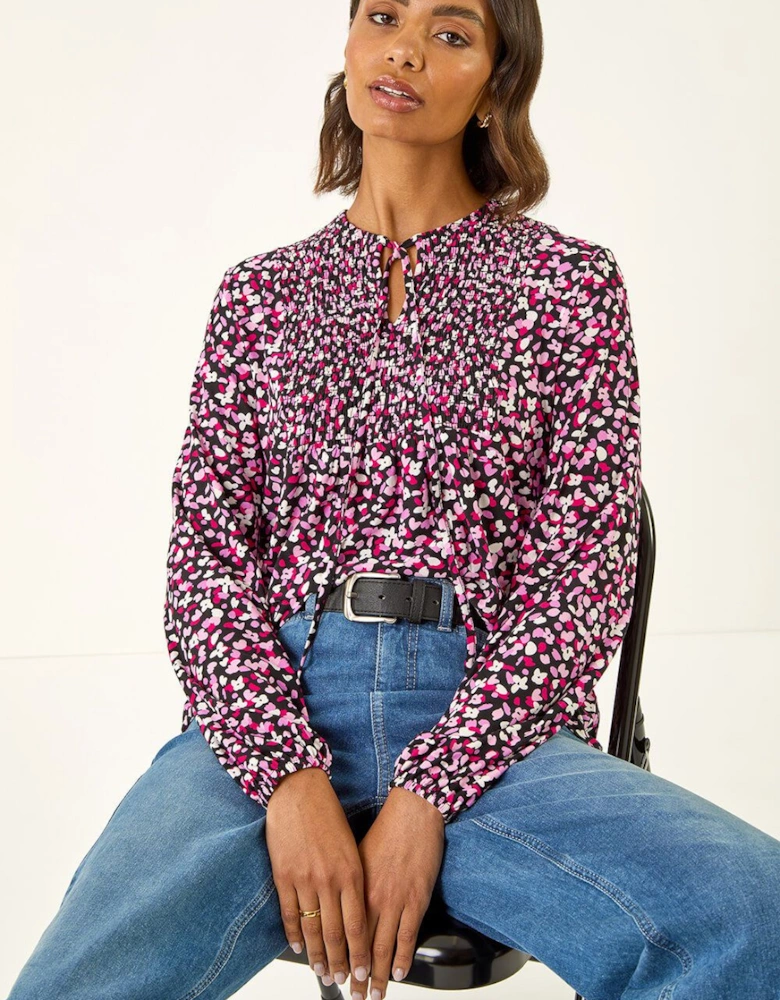 Printed Shirred Tie Neck Top
