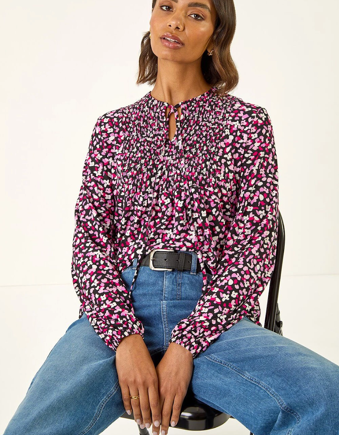 Printed Shirred Tie Neck Top, 2 of 1