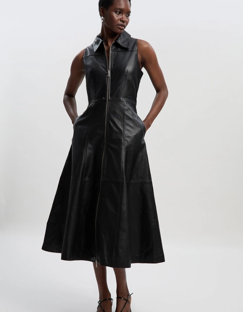 Leather Zip Through Full Midi Dress