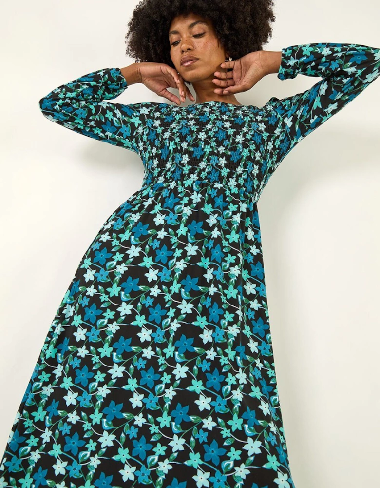Floral Print Shirred Stretch Midi Dress