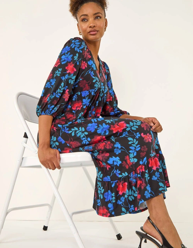 Floral Print Lace Trim Midi Dress