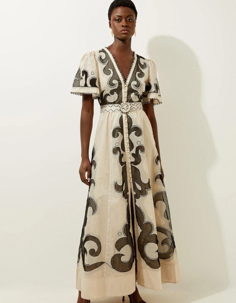 Baroque Applique Organdie Woven Maxi Dress