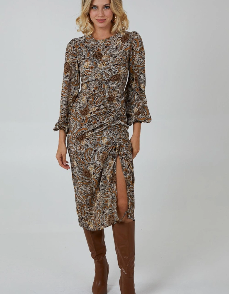 Ruched Midi Dress With Balloon Sleeve