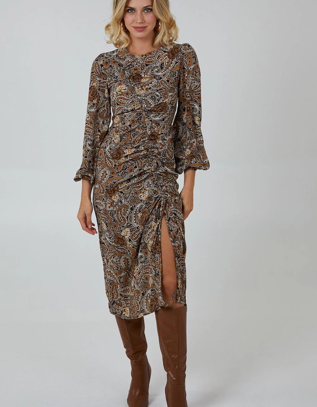 Ruched Midi Dress With Balloon Sleeve, 2 of 1