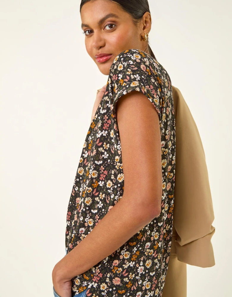 Floral Puff Print Collared Top