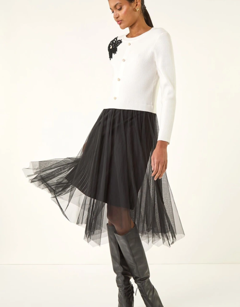 Buttoned Knit Mesh Midi Dress